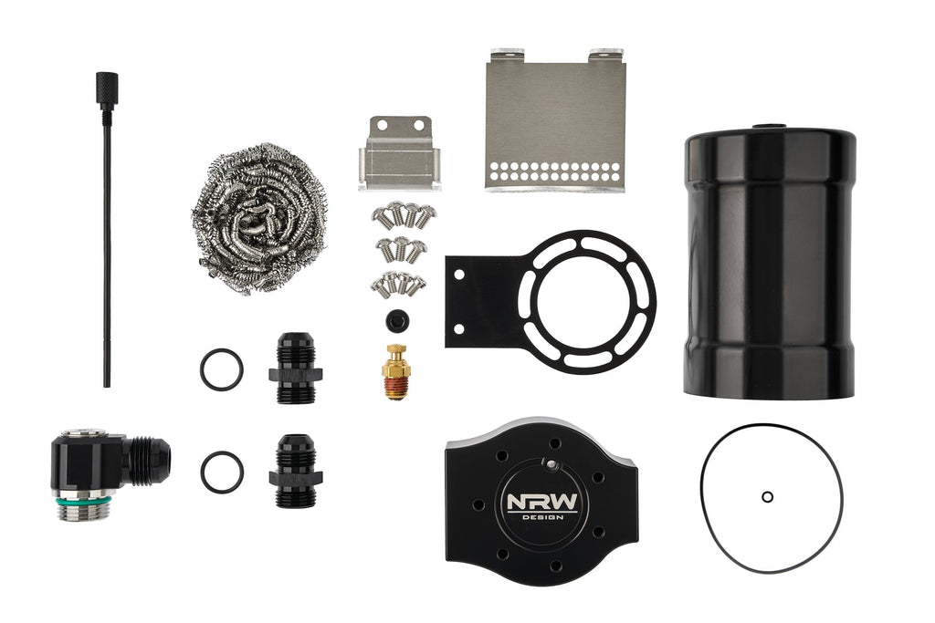NRW-Design G8X S58 performance oil catch can kit installed on BMW engine, showcasing the sleek black catch can and hoses.