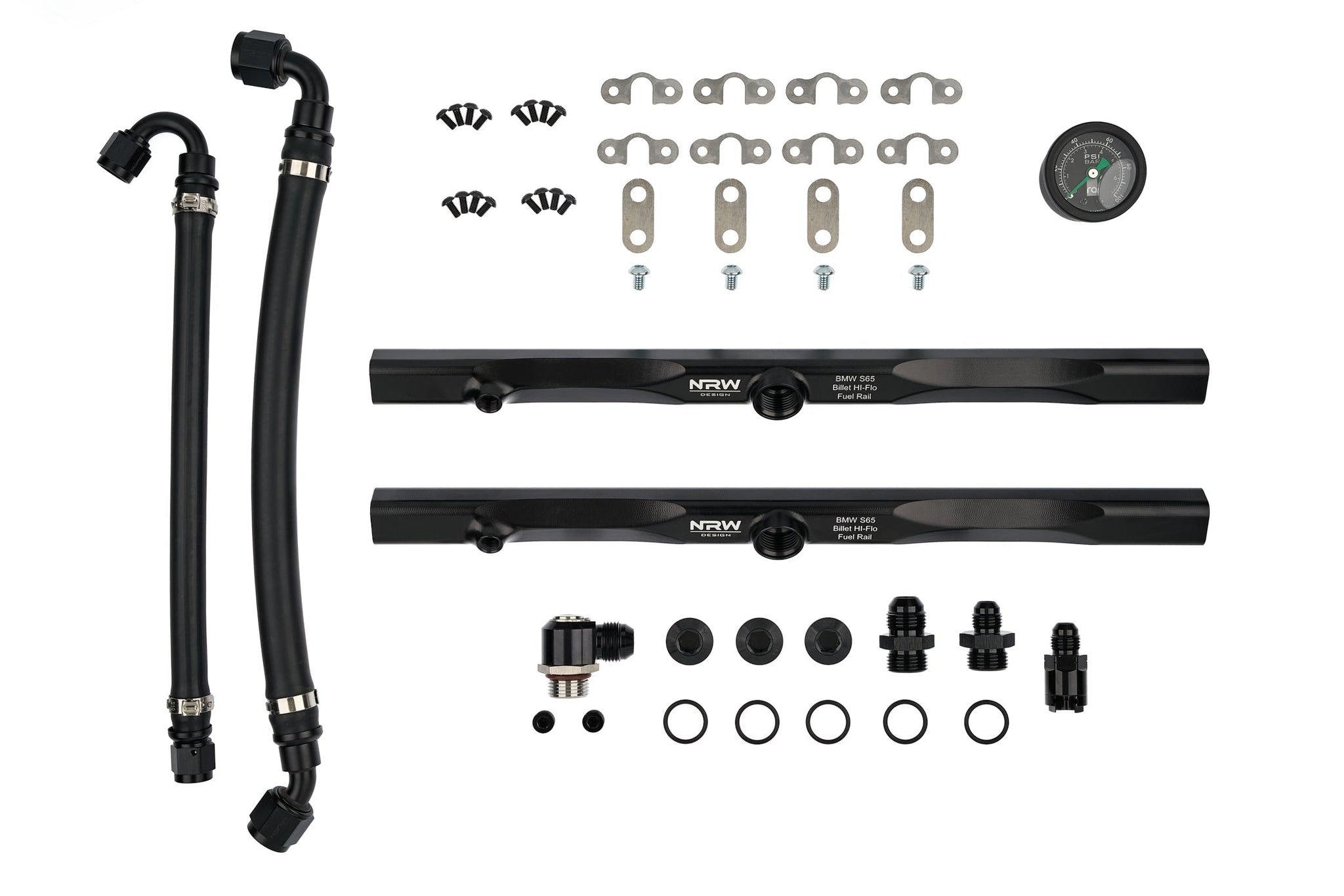 Overhead view of the complete NRW-Design BMW E9X S65 Billet Fuel Rail System Kit