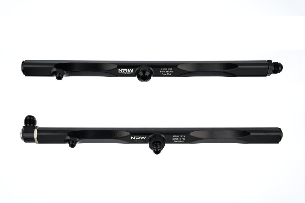 Reverse close-up view of the NRW-Design BMW E9X S65 Billet Fuel Rails