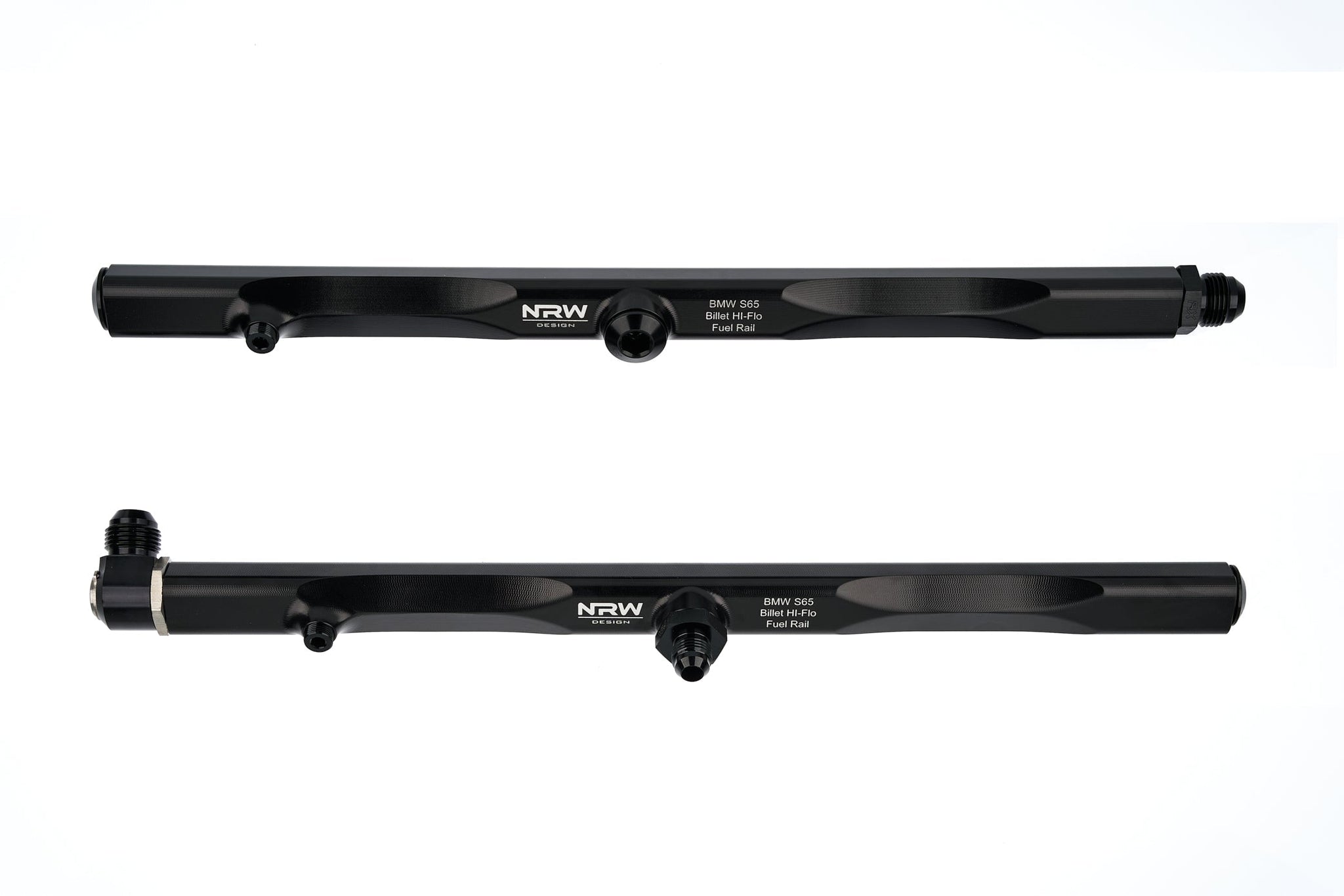 Reverse close-up view of the NRW-Design BMW E9X S65 Billet Fuel Rails