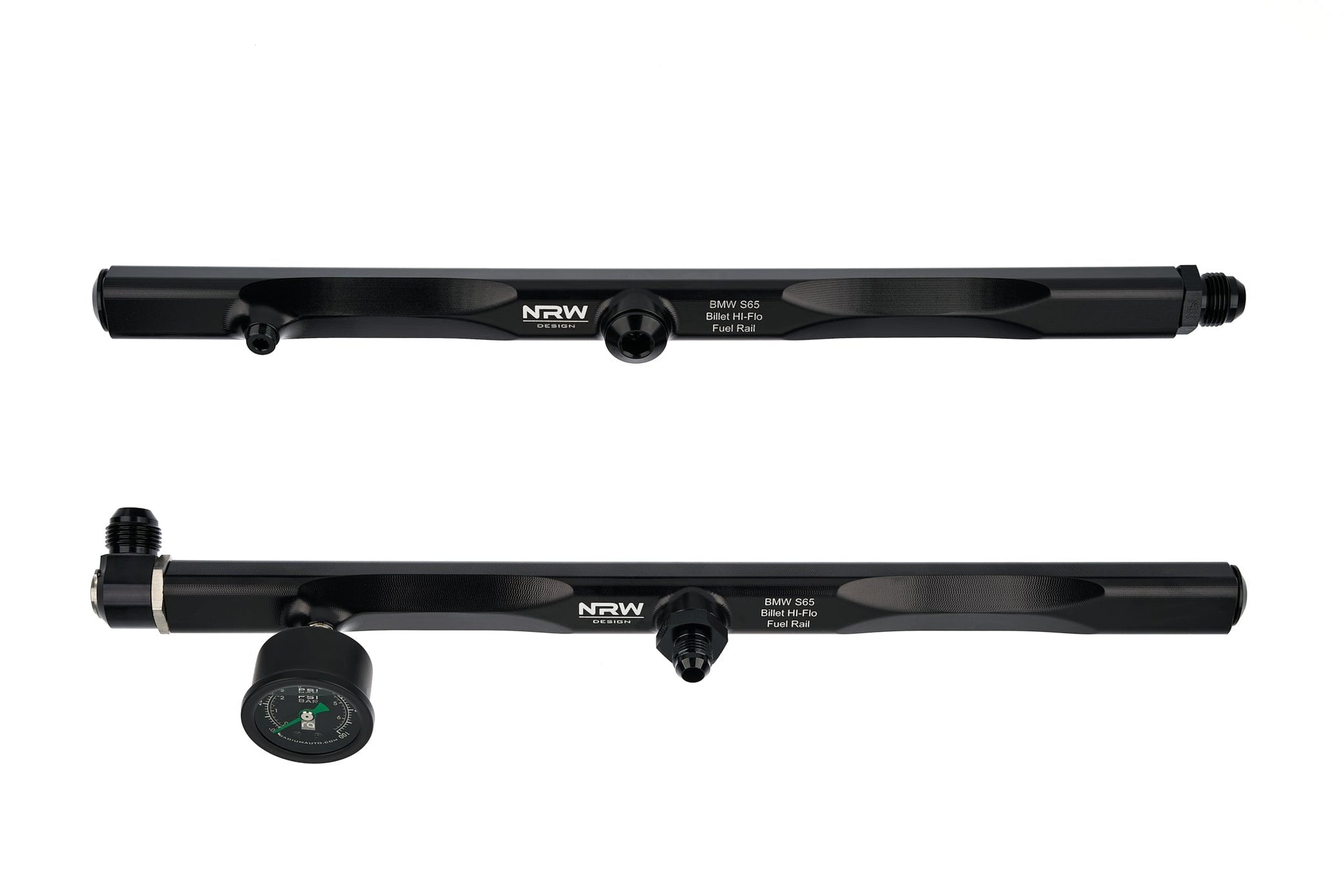 Close-up view of the NRW-Design BMW E9X S65 Billet Fuel Rails