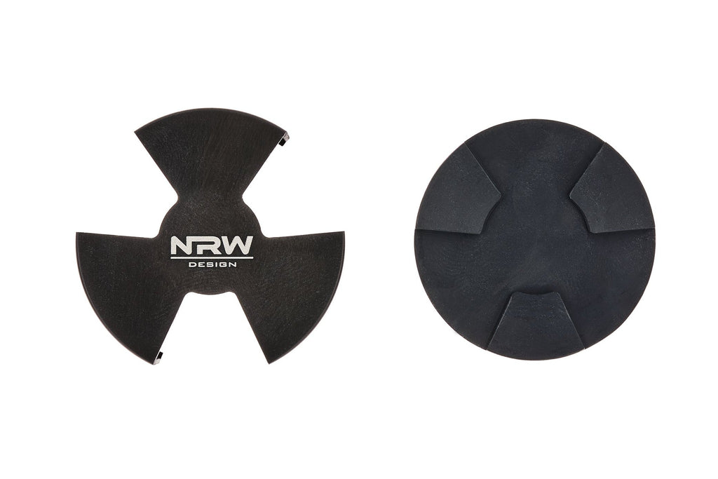 Overhead disassembled view of the 2-piece NRW Design BMW E9X M3 S65 Billet Aluminum Block Off Cap