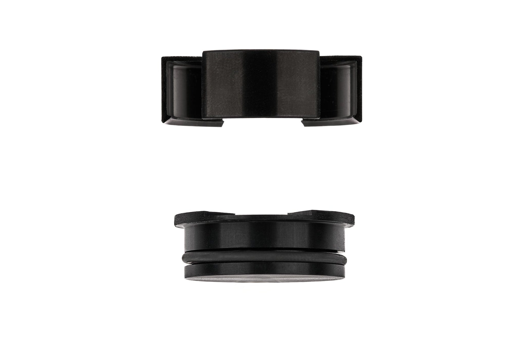 Profile view of the disassembled view of the 2-piece NRW Design BMW E9X M3 S65 Billet Aluminum Block Off Cap