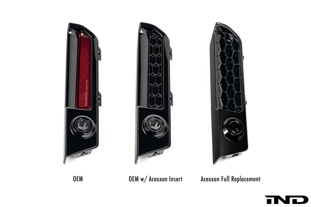 Comparison of OEM BMW G87 M2 rear reflector insert, Acexxon honeycomb reflector insert, and Acexxon full replacement honeycomb rear insert displayed on a white background.