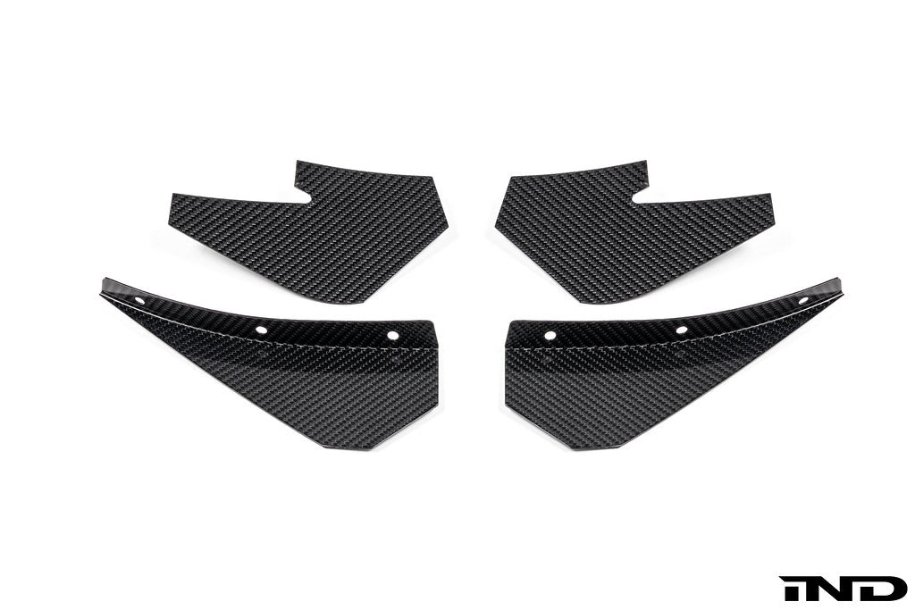 RKP F8X M3 / M4 GT4 Carbon Bumper Canard Set manufactured by Alpha-N in Germany, featuring lightweight carbon fiber construction and GT4-inspired aerodynamic styling, shown on a white background.