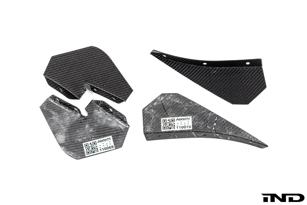 RKP F8X M3 / M4 GT4 Carbon Bumper Canard Set manufactured by Alpha-N in Germany, featuring lightweight carbon fiber construction and GT4-inspired aerodynamic styling, shown on a white background.