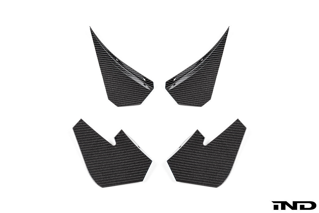 RKP F8X M3 / M4 GT4 Carbon Bumper Canard Set manufactured by Alpha-N in Germany, featuring lightweight carbon fiber construction and GT4-inspired aerodynamic styling, shown on a white background.
