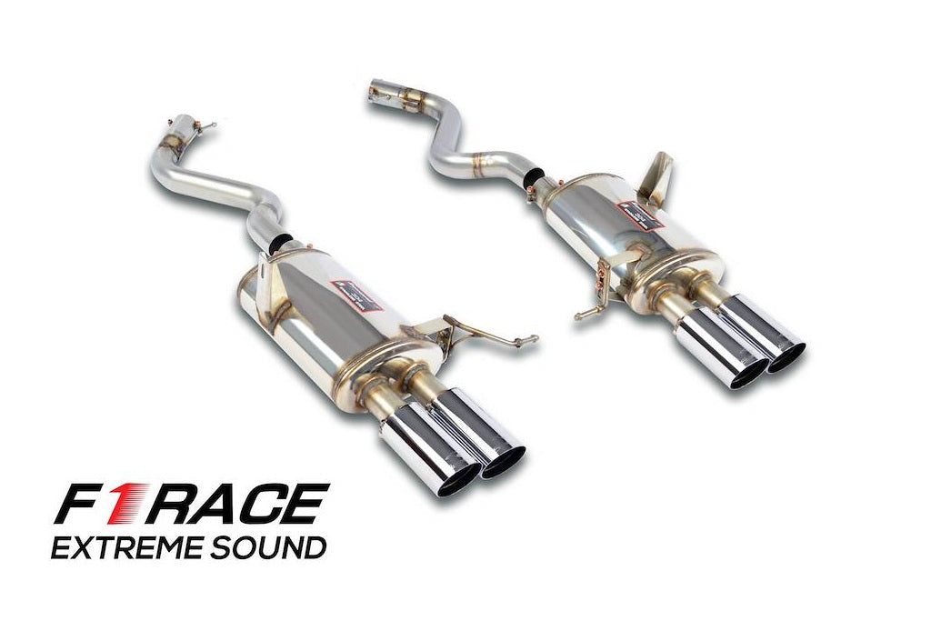 Supersprint BMW E90 M3 rear exhaust with lightweight F1 race-style 4x80mm tips, high-performance automotive exhaust system.