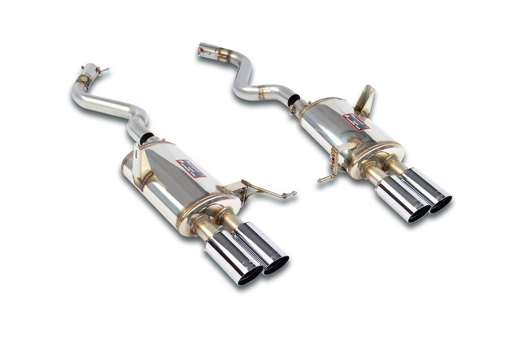 Supersprint BMW E9X M3 rear exhaust with 80mm sport tips, showcasing polished stainless steel and dual exhaust outlets.