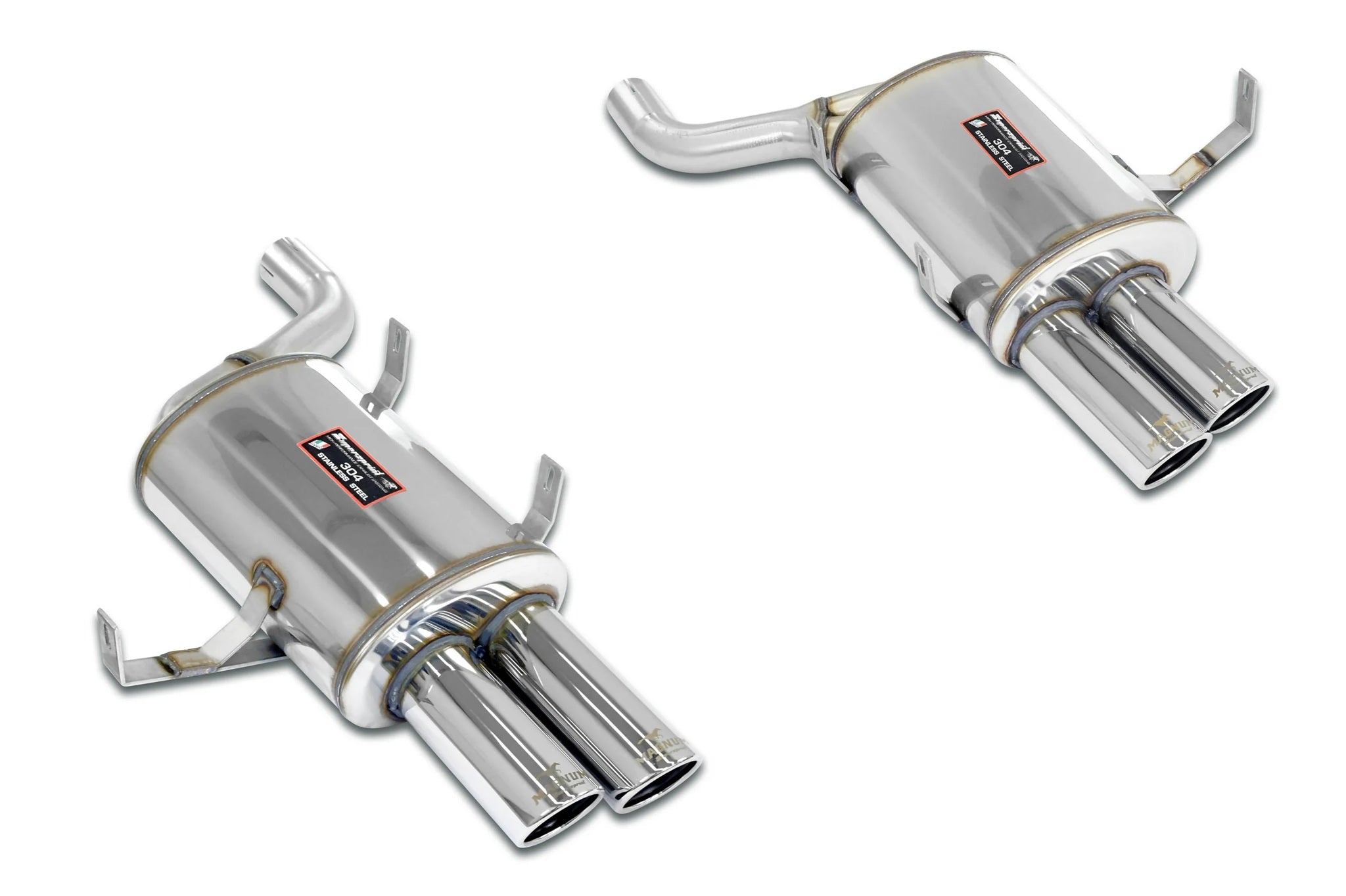 Supersprint stainless steel rear exhaust for BMW E39 M5 with 4x90mm sport tips, showcasing the polished exhaust tips and piping.