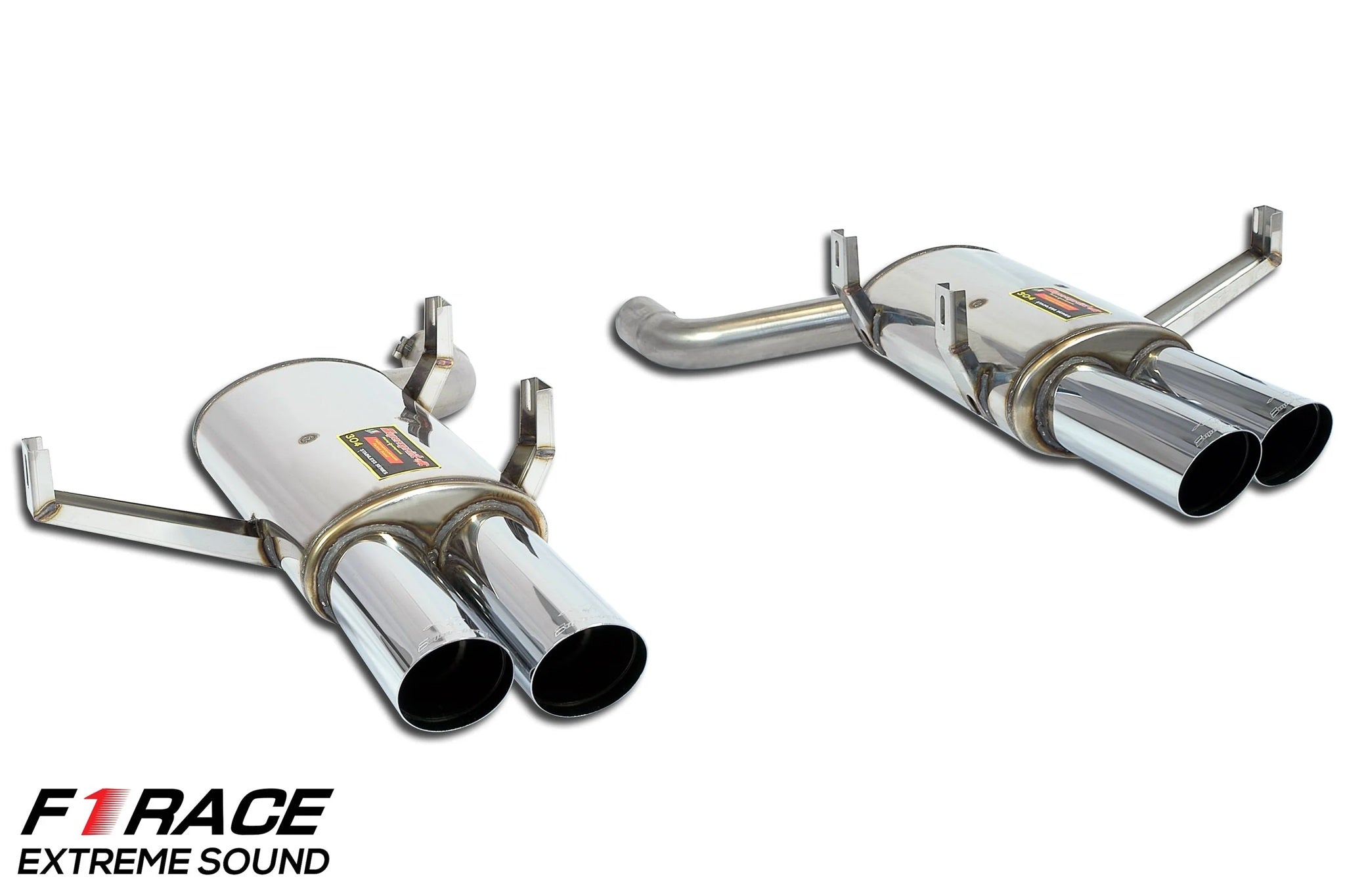 Supersprint BMW E39 M5 stainless steel rear exhaust with four 90mm F1 Race tips, showcasing polished metal and dual exhaust outlets.