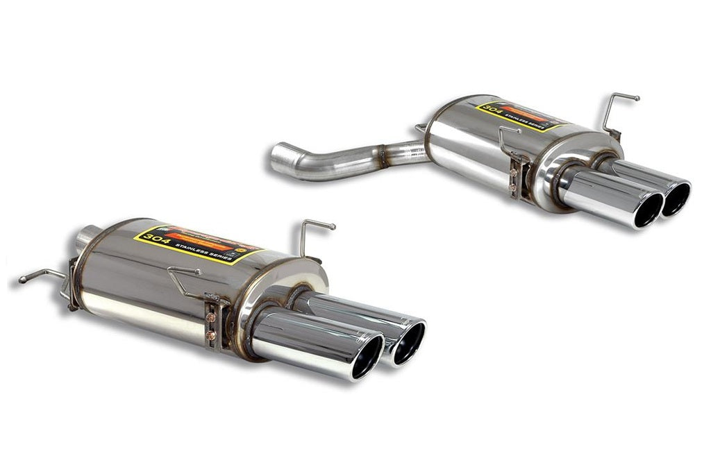 Supersprint stainless steel rear exhaust for BMW E60 M5 with four 90mm tips, showcasing sleek, polished exhaust tips.