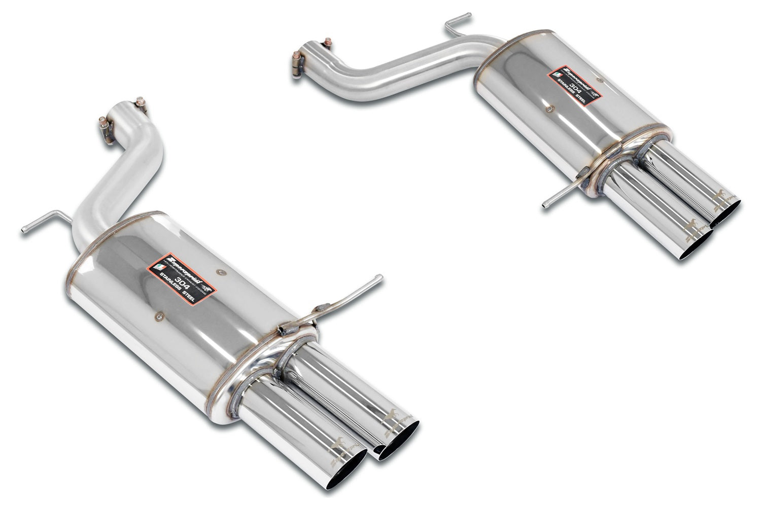 Supersprint stainless rear exhaust for BMW E60 M5 with four 80mm F1 race-style exhaust tips on a black car.