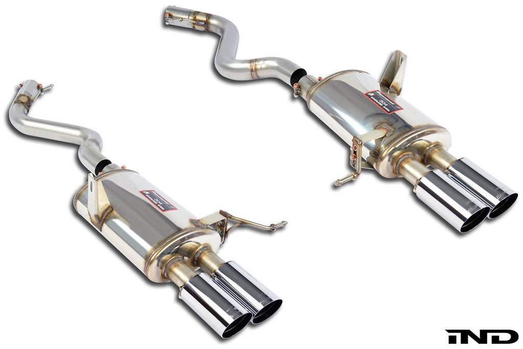 Supersprint BMW E92/E93 M3 rear exhaust with 80mm race tips, showcasing sporty exhaust tips and polished metal finish.