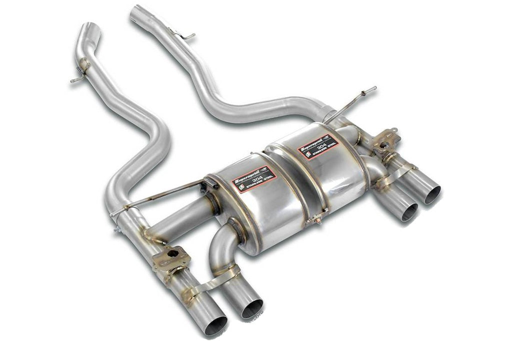 Supersprint stainless steel rear valved exhaust system for BMW F8X M3 and M4, with polished tips and dual exhaust outlets.