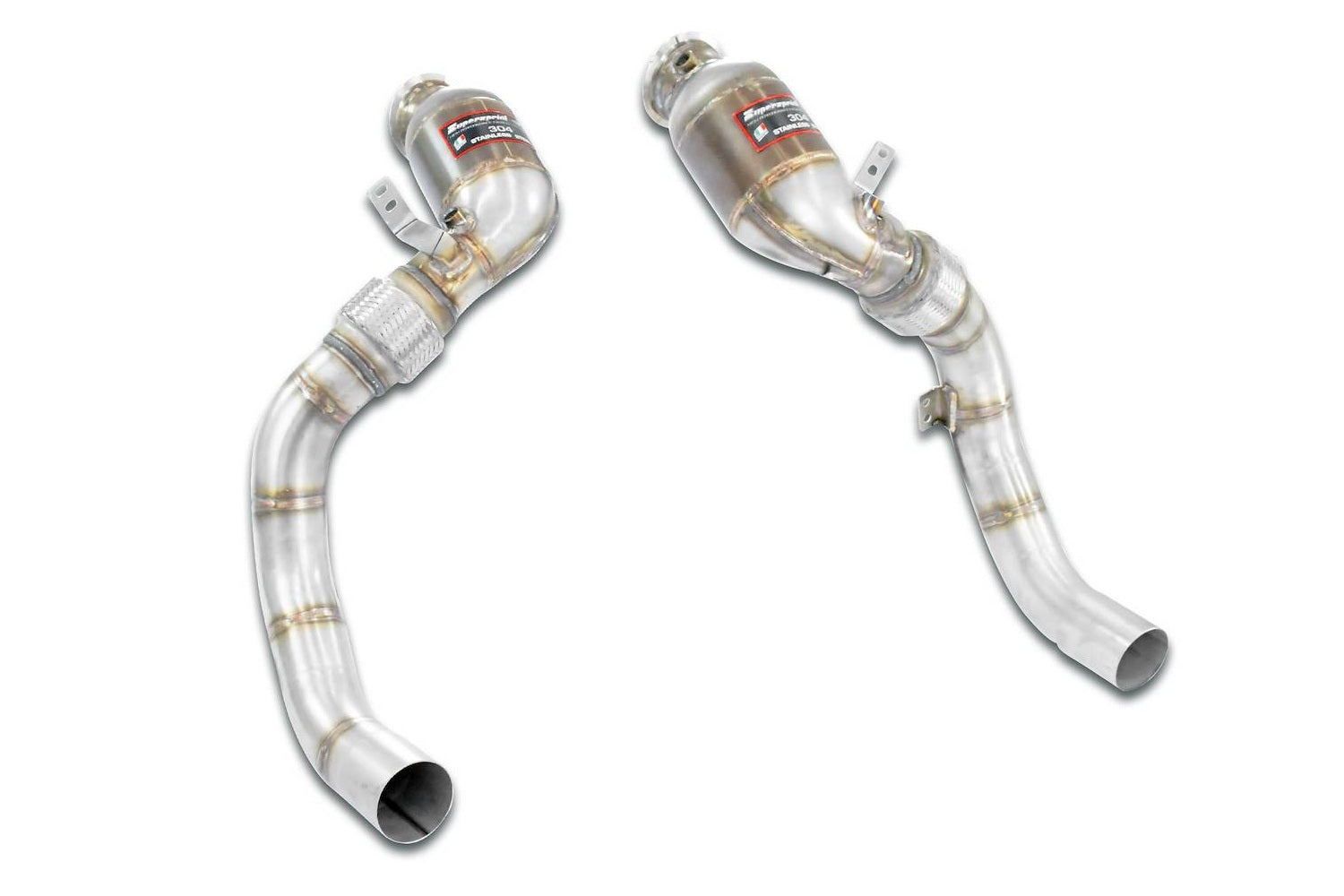 Supersprint BMW F90 M5 turbo downpipe set with metallic catalytic converters for OEM exhaust system.