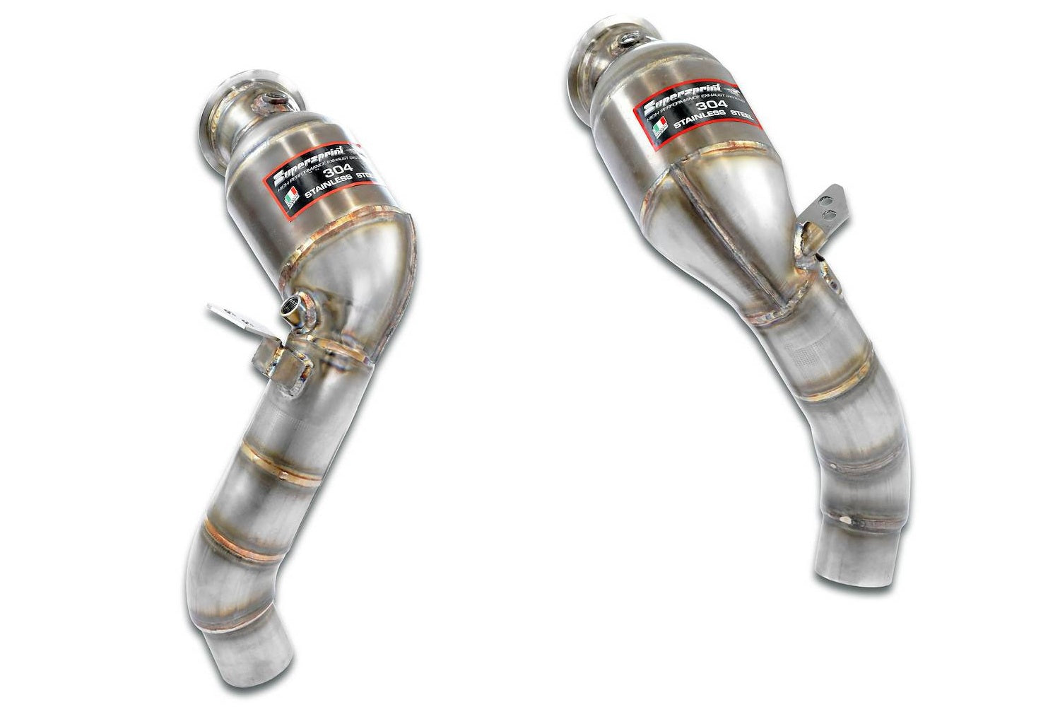 Supersprint BMW F06/F1X M5 M6 exhaust downpipe set with metallic catalytic converters, shown on a vehicle.