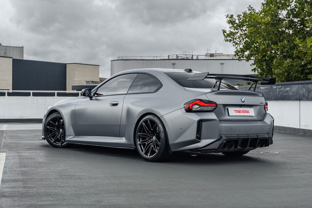 TREVORA G87 M2 TR87 Track Pack Adjustable Rear Wing installed on a BMW G87 M2, featuring a twin-plane pre-preg carbon fibre design engineered to increase aerodynamic efficiency and rear downforce.