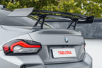 TREVORA G87 M2 TR87 Track Pack Adjustable Rear Wing installed on a BMW G87 M2, featuring a twin-plane pre-preg carbon fibre design engineered to increase aerodynamic efficiency and rear downforce.