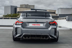 TREVORA G87 M2 TR87 Track Pack Adjustable Rear Wing installed on a BMW G87 M2, featuring a twin-plane pre-preg carbon fibre design engineered to increase aerodynamic efficiency and rear downforce.
