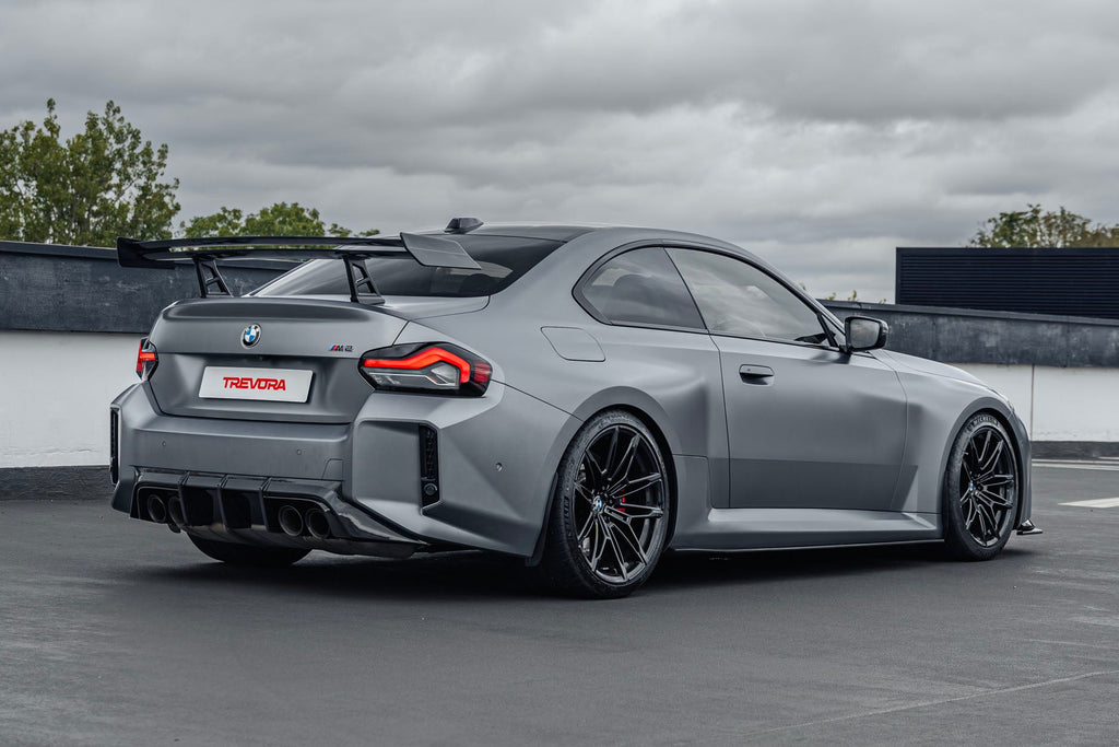 TREVORA G87 M2 TR87 Track Pack Adjustable Rear Wing installed on a BMW G87 M2, featuring a twin-plane pre-preg carbon fibre design engineered to increase aerodynamic efficiency and rear downforce.
