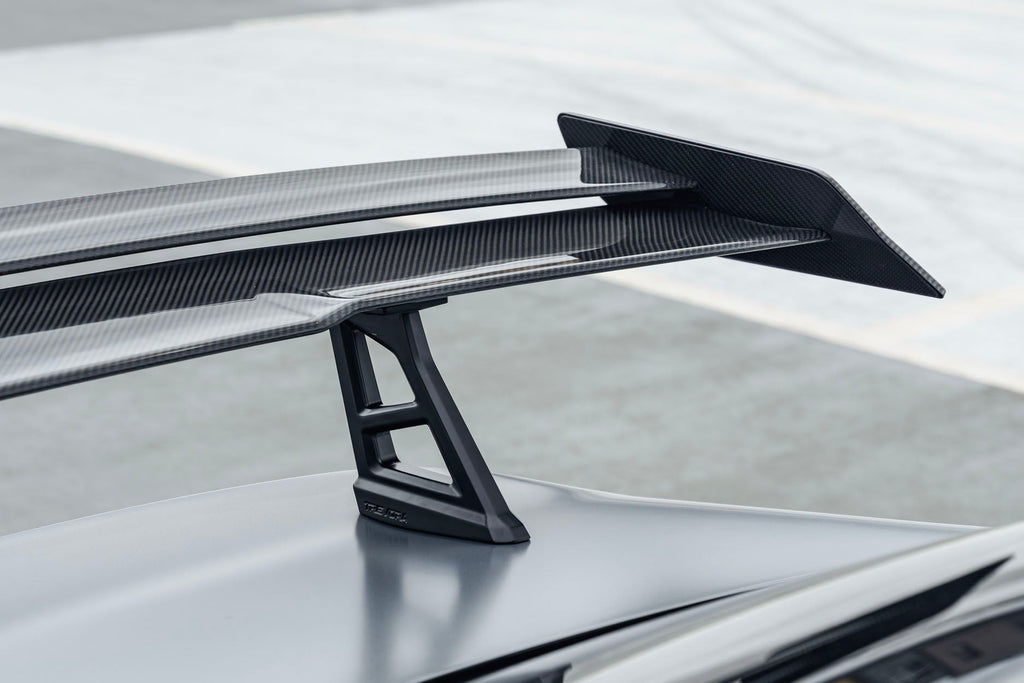TREVORA G87 M2 TR87 Track Pack Adjustable Rear Wing installed on a BMW G87 M2, featuring a twin-plane pre-preg carbon fibre design engineered to increase aerodynamic efficiency and rear downforce.
