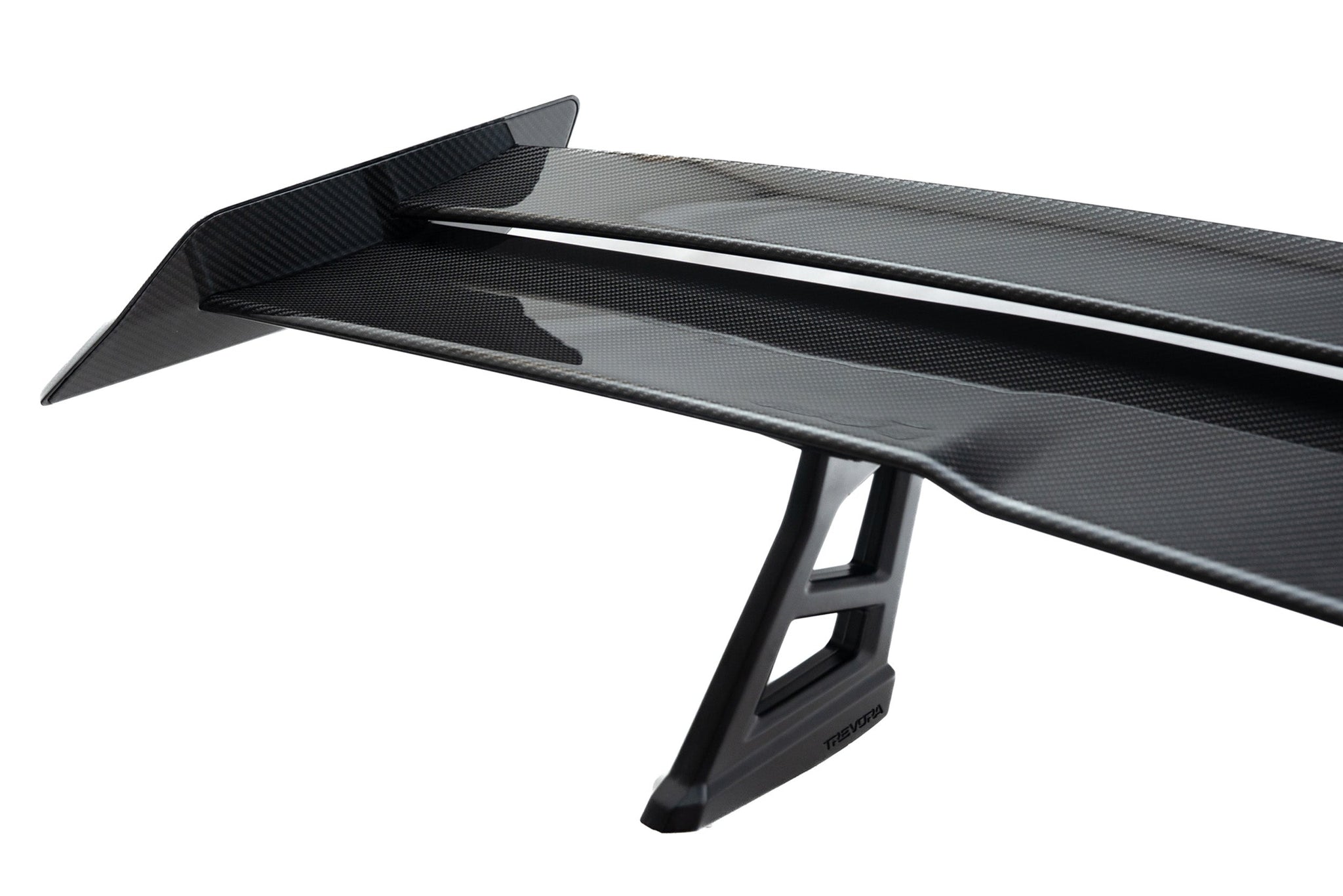 TREVORA G87 M2 TR87 Track Pack Adjustable Rear Wing shown on a white background, featuring twin-plane pre-preg carbon fibre construction, adjustable aerodynamic settings, and black anodized wing mounts.