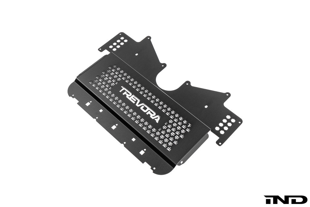 TREVORA G8X M2 M3 M4 metal skid plate under tray designed to protect the underside of the vehicle from road and track debris, shown on a white background.