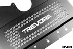 TREVORA G8X M2 M3 M4 metal skid plate under tray designed to protect the underside of the vehicle from road and track debris, shown on a white background.