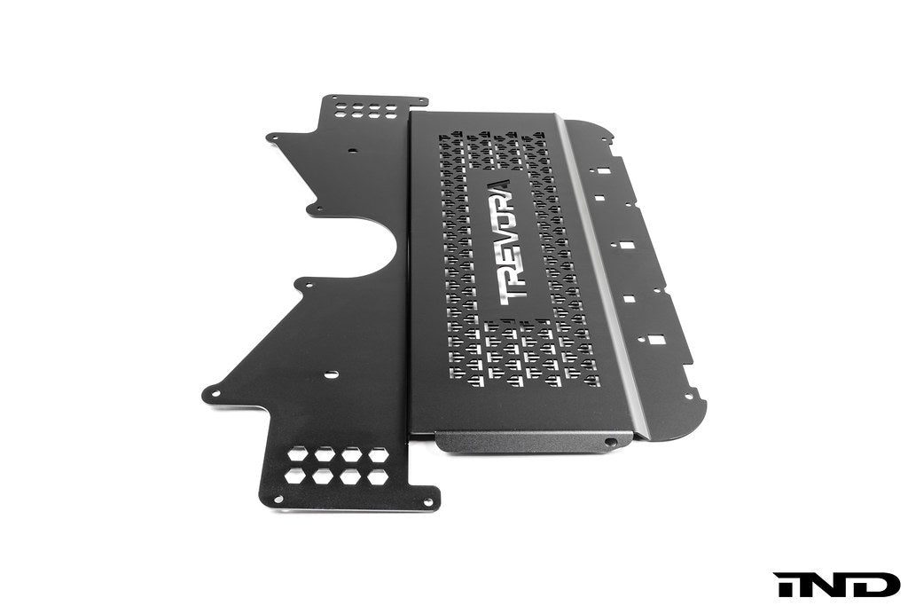 TREVORA G8X M2 M3 M4 metal skid plate under tray designed to protect the underside of the vehicle from road and track debris, shown on a white background.