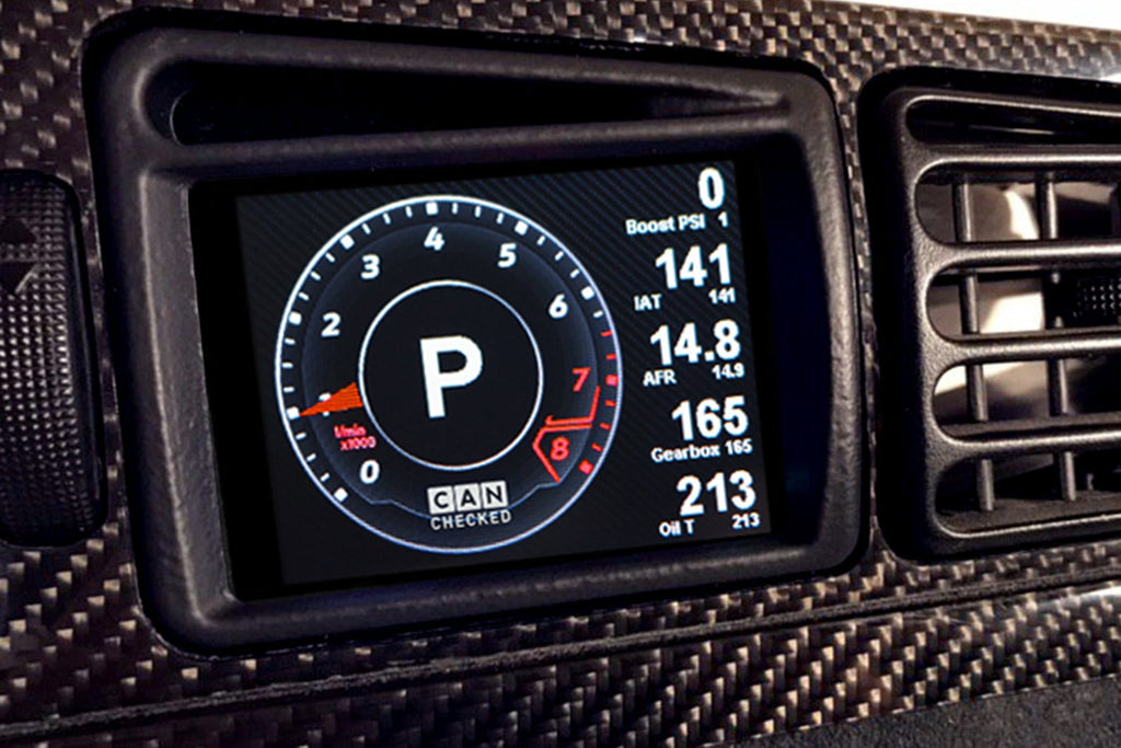 CANchecked MFD28 Gen2 2.8-inch multi-function display installed in a left-hand drive Volkswagen Corrado Facelift, featuring a vehicle-specific dashboard integration.