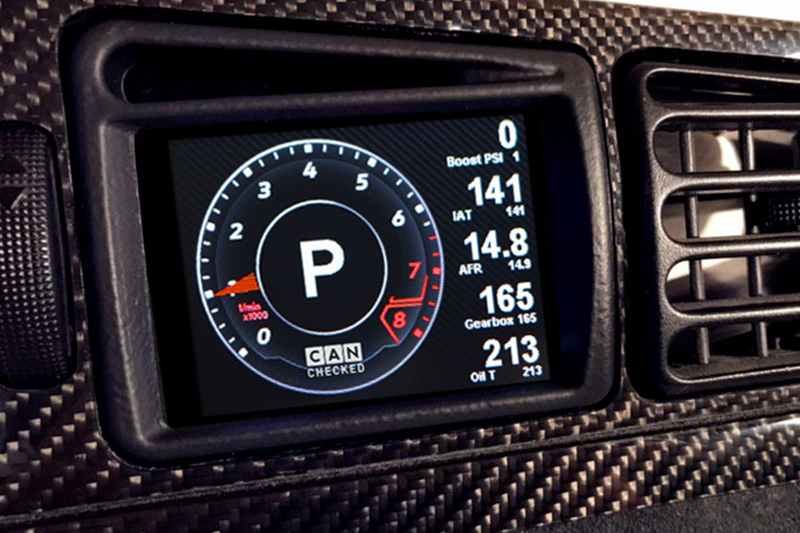 CANchecked MFD28 Gen2 2.8-inch multi-function display installed in a left-hand drive Volkswagen Corrado Facelift, featuring a vehicle-specific dashboard integration.