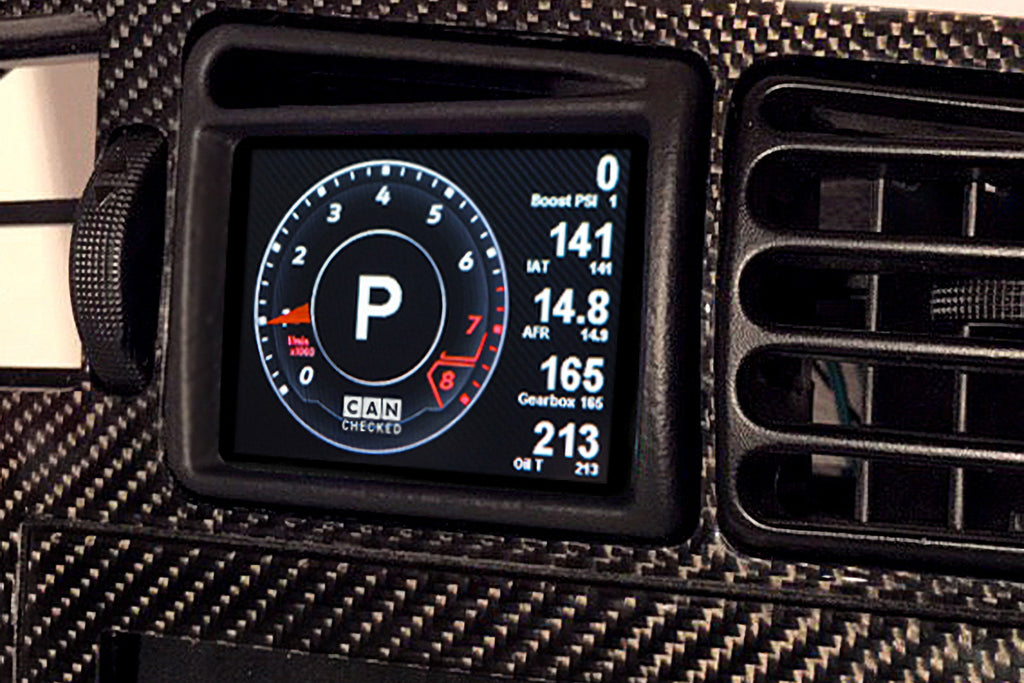 CANchecked MFD28 Gen2 2.8-inch multi-function display installed in a left-hand drive Volkswagen Corrado Facelift, featuring a vehicle-specific dashboard integration.