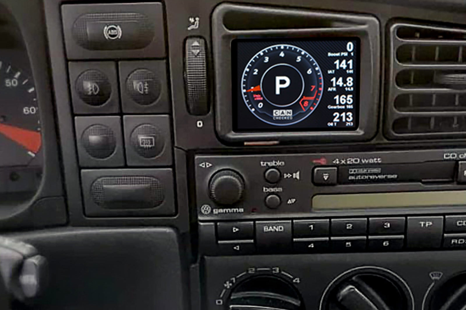 CANchecked MFD28 Gen2 2.8-inch multi-function display installed in a left-hand drive Volkswagen Corrado Facelift, featuring a vehicle-specific dashboard integration.