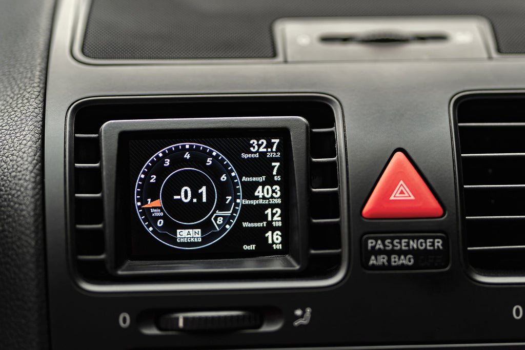 CANchecked MFD28 Gen2 2.8-inch multi-function display installed in a Volkswagen MK5 Golf, compatible with left-hand drive and right-hand drive models, featuring a vehicle-specific dashboard integration.