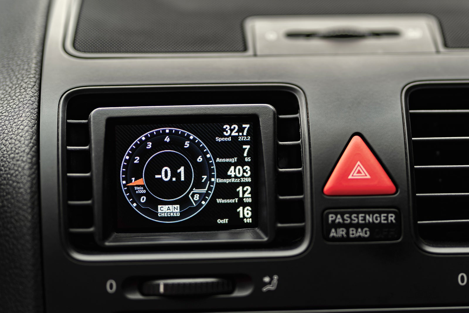 CANchecked MFD28 Gen2 2.8-inch multi-function display installed in a Volkswagen MK5 Golf, compatible with left-hand drive and right-hand drive models, featuring a vehicle-specific dashboard integration.