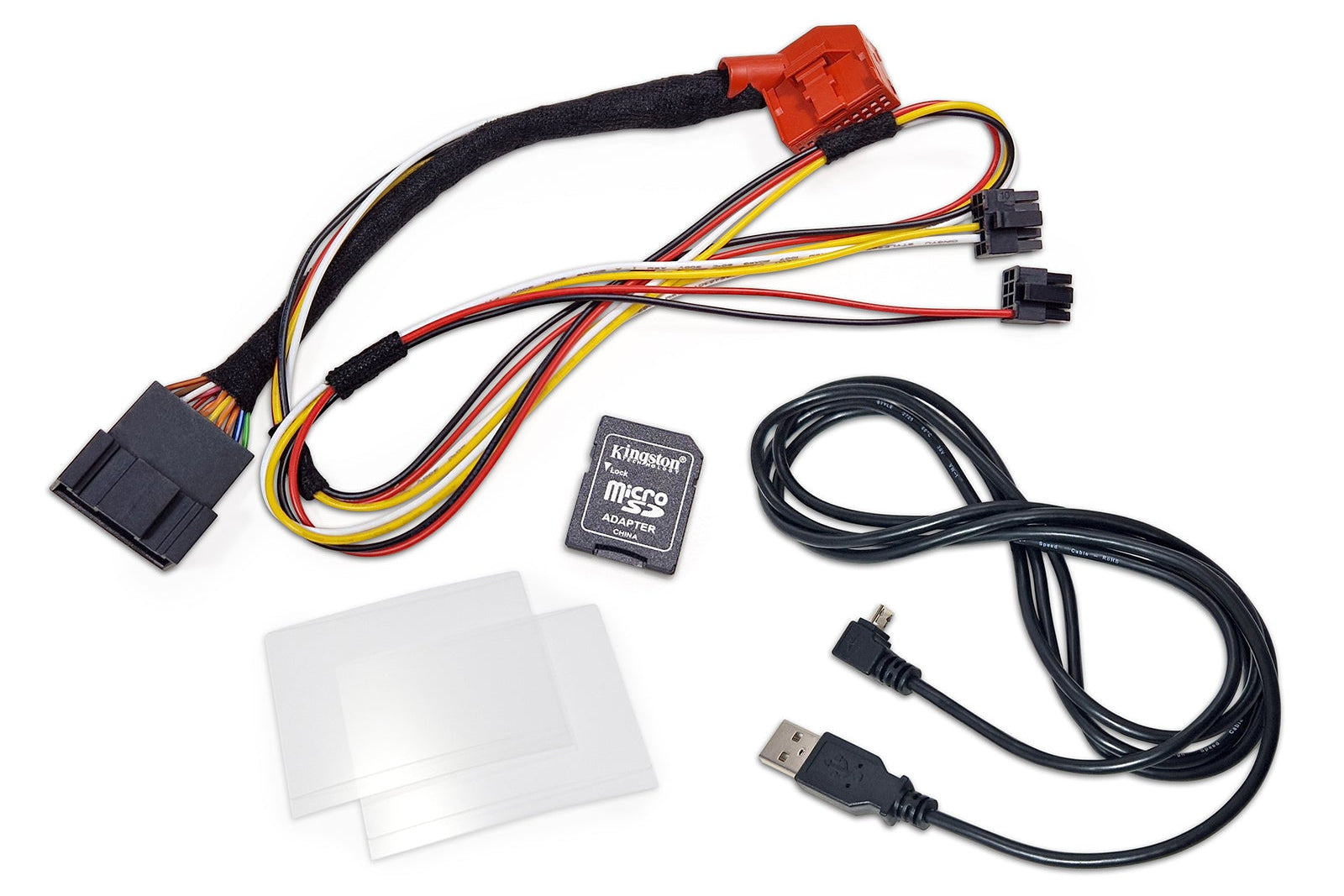 CANchecked MFD28 Gen2 2.8-inch multi-function display for the Volkswagen MK5 Golf (LHD/RHD), shown on a white background with the vehicle-specific mounting bezel and wiring harness.
