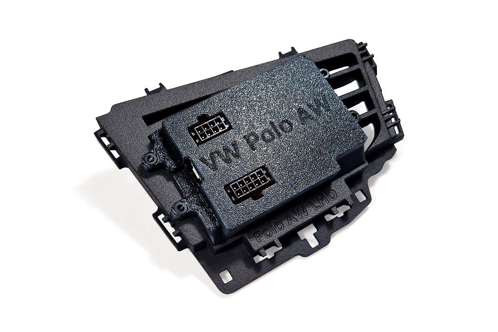 CANchecked MFD32 Gen2 3.2-inch multi-function display for the Volkswagen MK6 Polo (LHD), shown on a white background with the vehicle-specific mounting bezel and wiring harness.