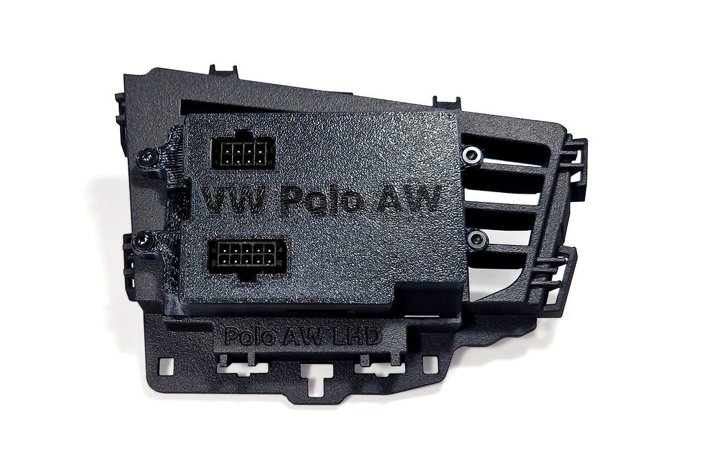 CANchecked MFD32 Gen2 3.2-inch multi-function display for the Volkswagen MK6 Polo (LHD), shown on a white background with the vehicle-specific mounting bezel and wiring harness.