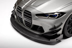 Vulcan Alpha G8X M3 M4 carbon front splitter installed on a vehicle, showcasing aerodynamic exterior car enhancement.