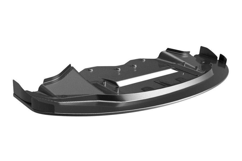 Vulcan Alpha G8X M3 M4 carbon front splitter installed on a vehicle's front bumper, enhancing aerodynamics and sporty appearance.