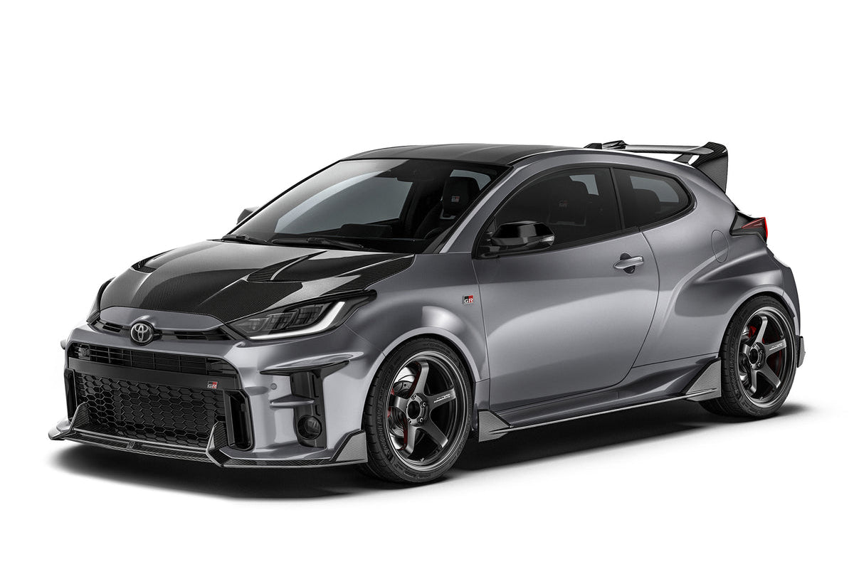 ADRO Toyota GR Yaris with prepreg carbon fiber hood installed, showcasing the sleek exterior upgrade and lightweight, durable design.