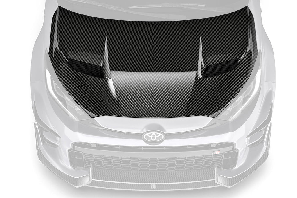 ADRO Toyota GR Yaris with prepreg carbon fiber hood installed, showcasing the sleek, lightweight exterior upgrade.