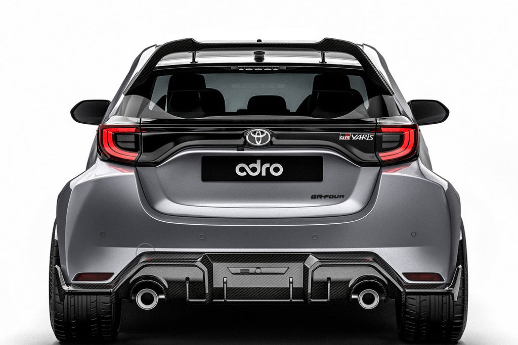 ADRO Toyota GR Yaris exterior carbon fiber rear diffuser installed on the vehicle, enhancing aerodynamic performance and sporty look.