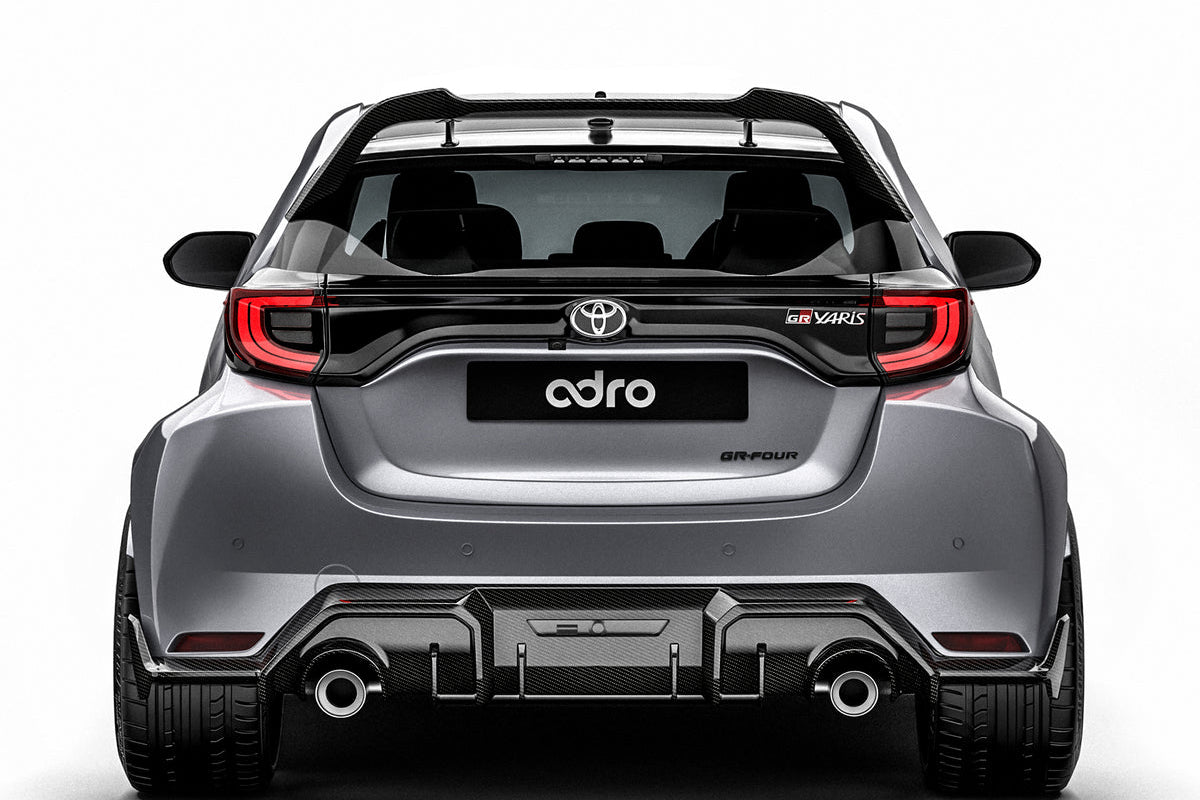 ADRO Toyota GR Yaris exterior carbon fiber rear diffuser installed on the vehicle, enhancing aerodynamic performance and sporty look.