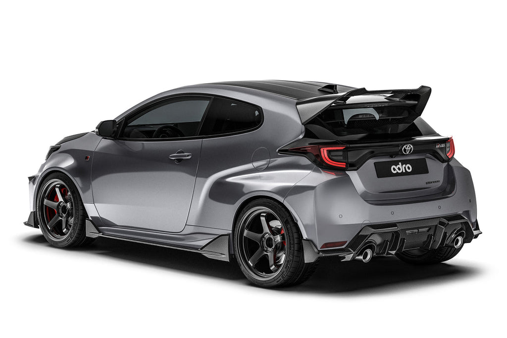 ADRO Toyota GR Yaris exterior carbon fiber rear diffuser installed on the right side of the vehicle.