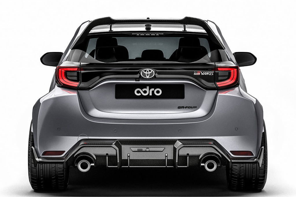 ADRO Toyota GR Yaris with Prepreg Carbon Fiber Spoiler installed on the rear exterior, showcasing a sleek, lightweight aerodynamic design.