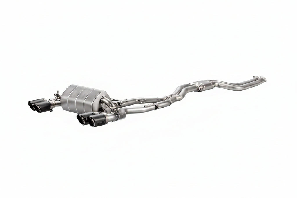 Akrapovic F87 M2 Competition titanium link pipe set for exhaust system, with polished titanium finish on a white background.