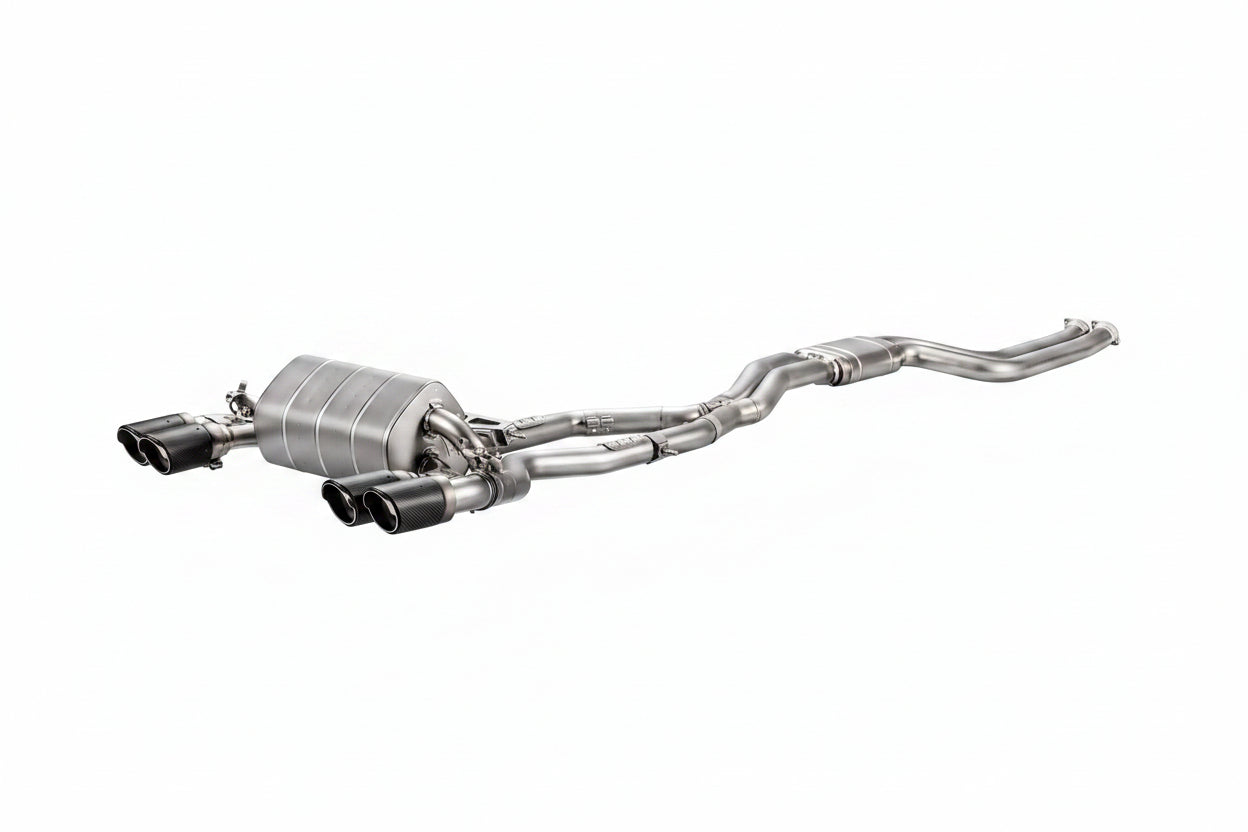 Akrapovic F87 M2 Competition titanium link pipe set for exhaust system, with polished titanium finish on a white background.