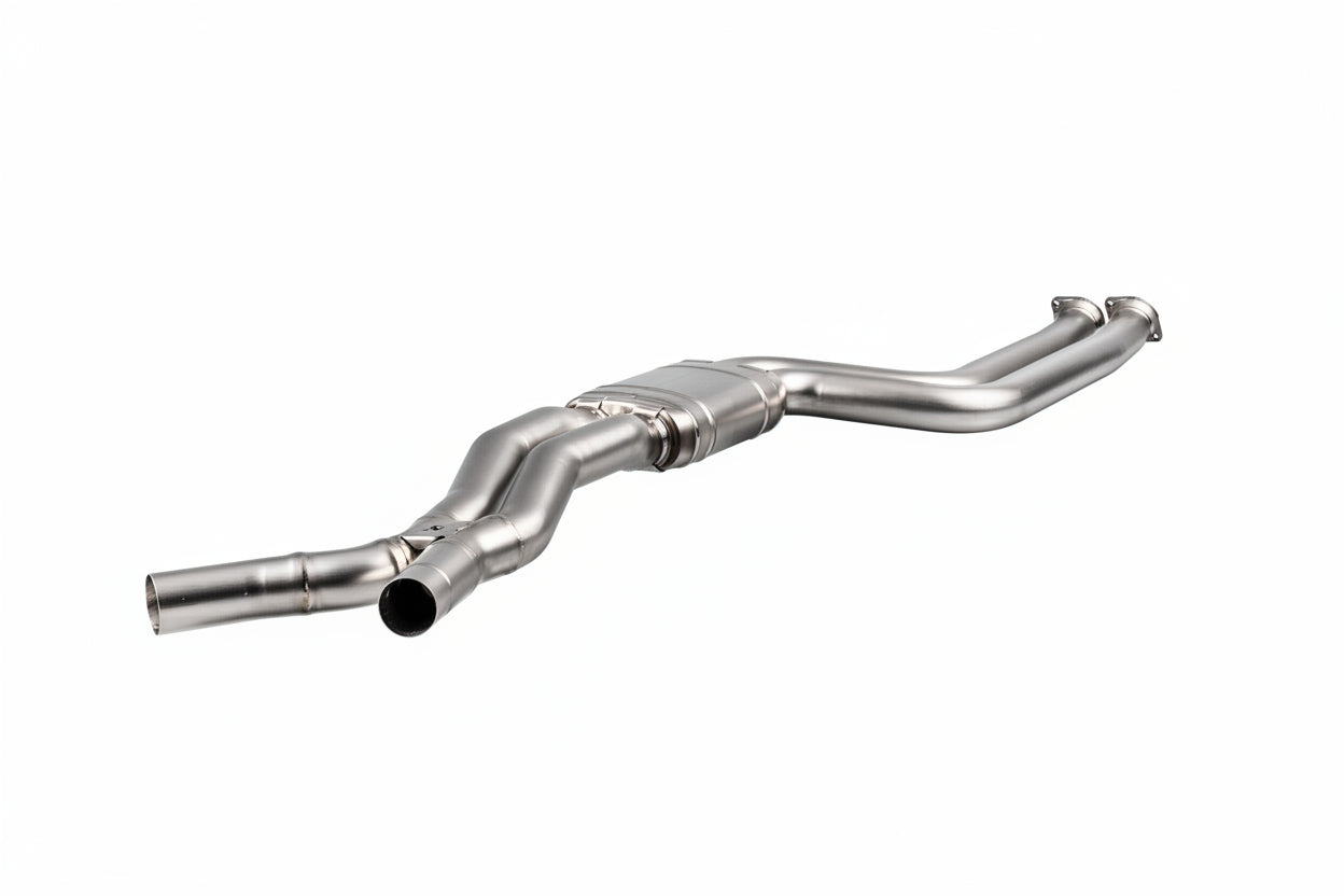 Akrapovic F87 M2 Competition titanium exhaust link pipe set on white background, showcasing high-performance automotive exhaust components.